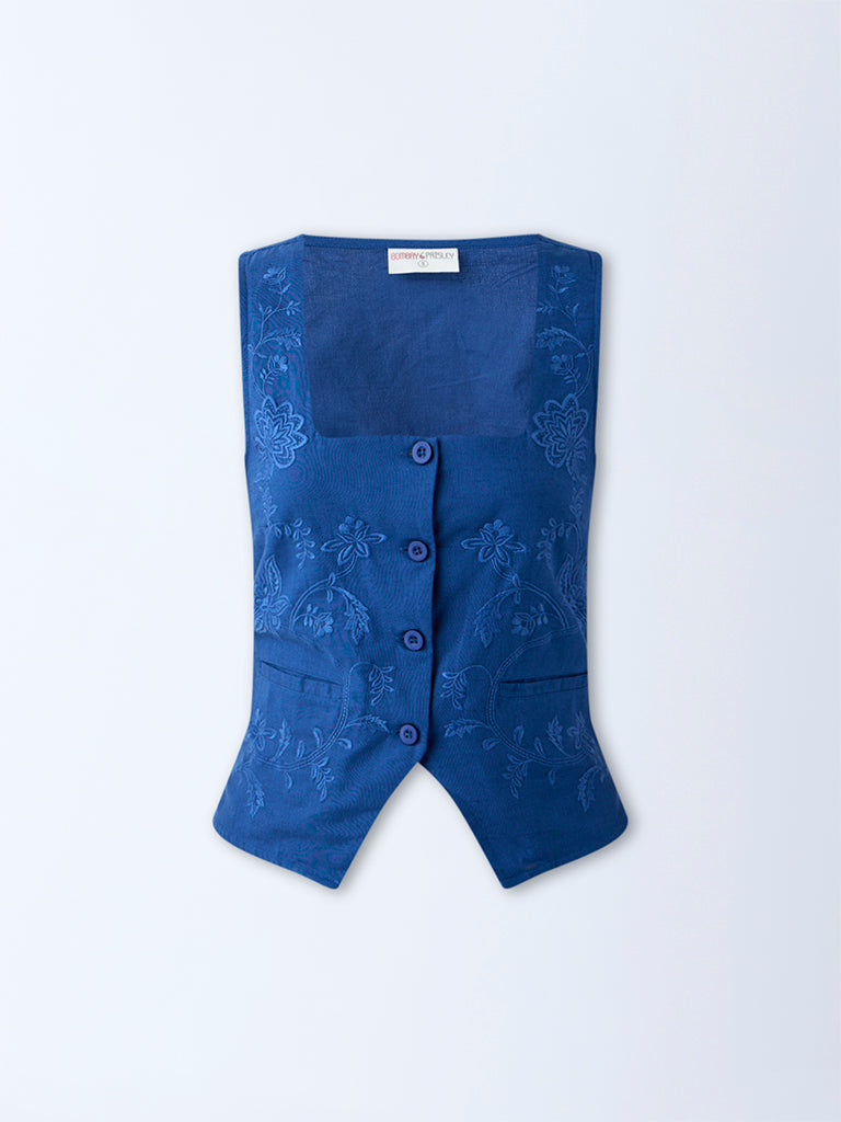 Westside Bombay Paisley Women's Blue Embroidered Cotton-Blend Waistcoat for Everyday Flatly