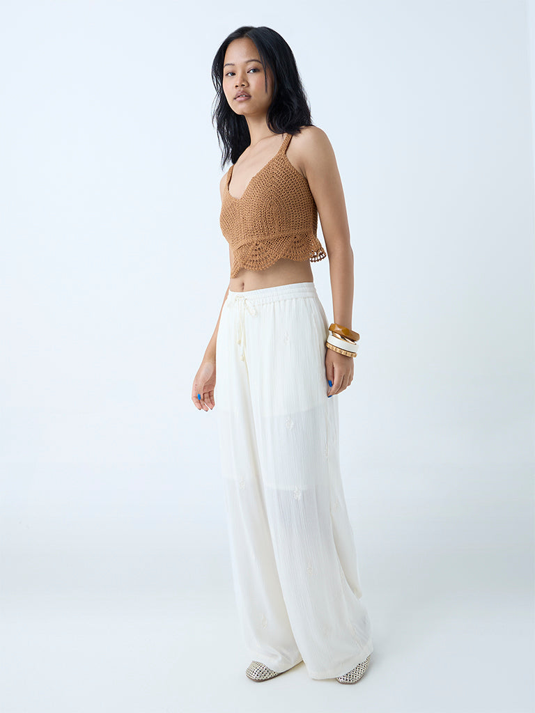Bombay Paisley Brown Crochet-Detailed Top