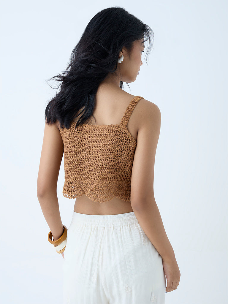Bombay Paisley Brown Crochet-Detailed Top