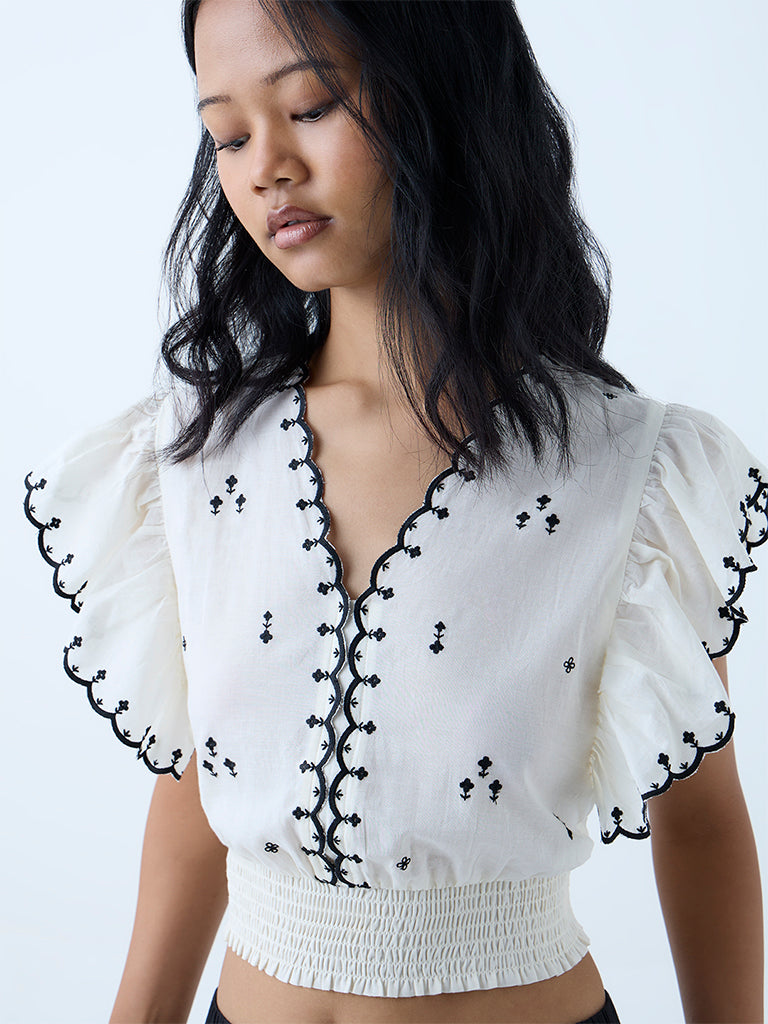 Bombay Paisley Off-White Embroidered Cotton Top
