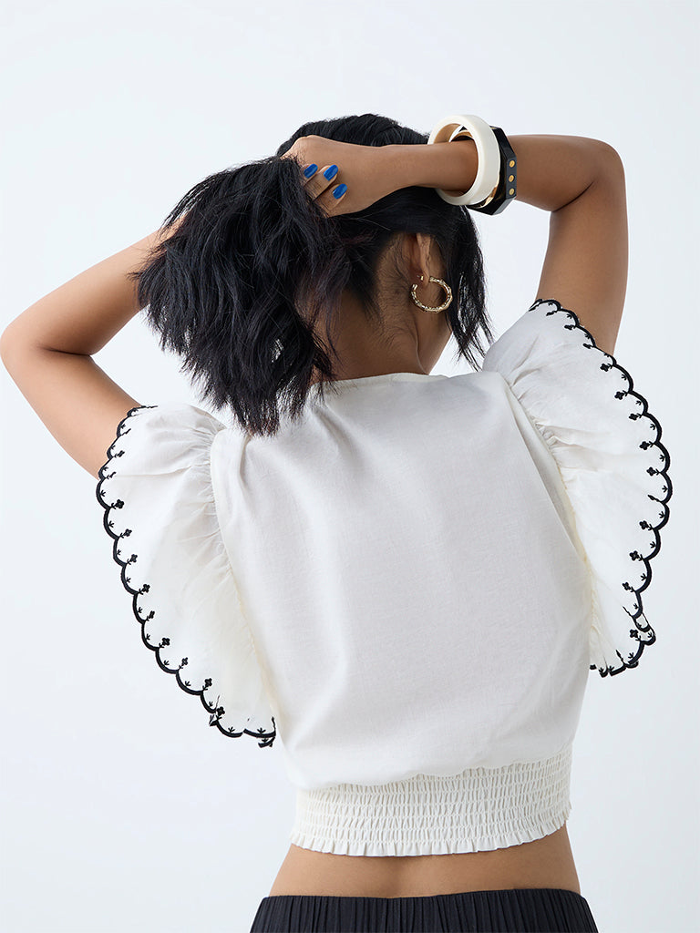 Bombay Paisley Off-White Embroidered Cotton Top
