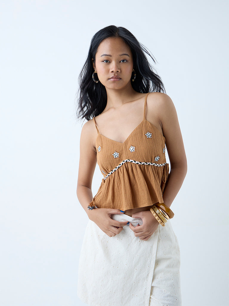 Bombay Paisley Mustard Floral Embroidered Cotton Top