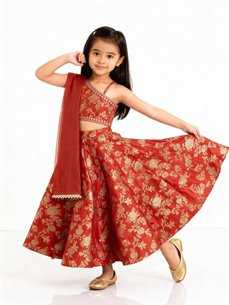 Buy Utsa Kids Orange Floral Ghagra, Choli and Dupatta Set (2
