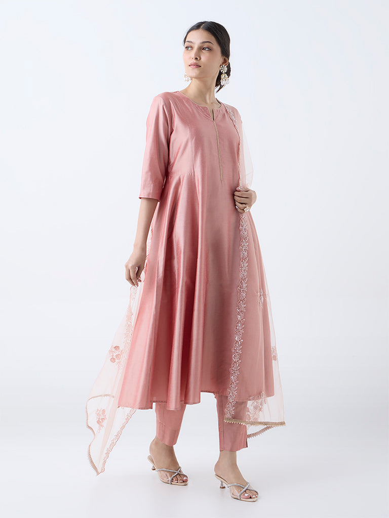 Westside Vark Women's Peach Solid Anarkali Ethnic Set for Festive Wear Front View