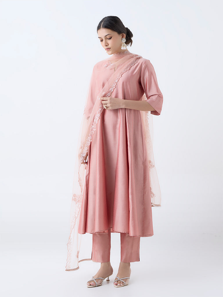 Westside Vark Women's Peach Solid Anarkali Ethnic Set for Festive Wear Full View