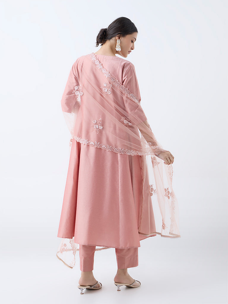 Westside Vark Women's Peach Solid Anarkali Ethnic Set for Festive Wear Back View