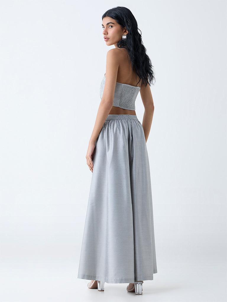 Westside Vark Women's Silver Solid Palazzos for Festival Wear Back View