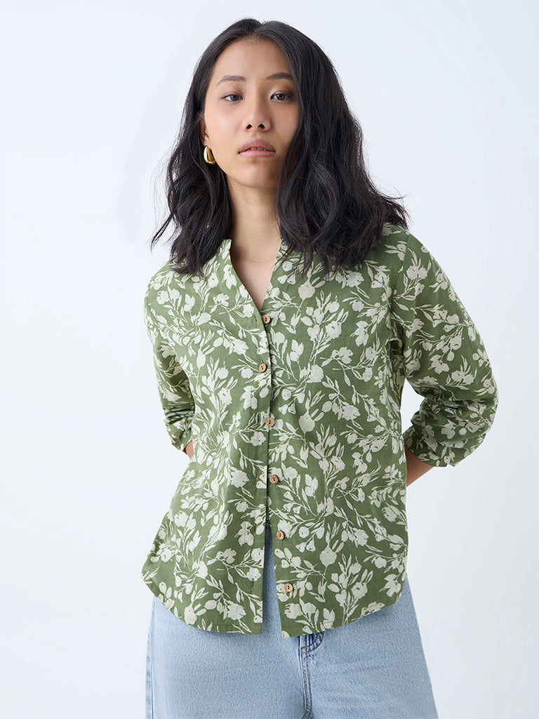 Utsa Green Floral Detailed Cotton Tunic