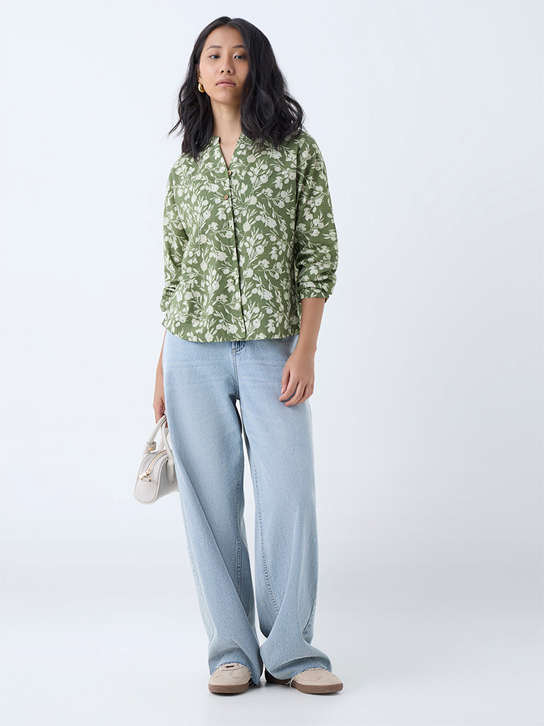 Utsa Green Floral Detailed Cotton Tunic