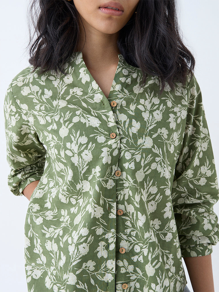 Utsa Green Floral Detailed Cotton Tunic