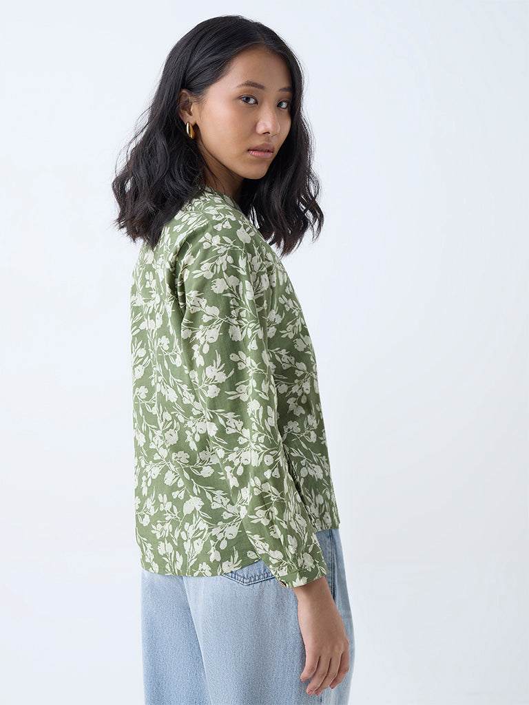 Utsa Green Floral Detailed Cotton Tunic