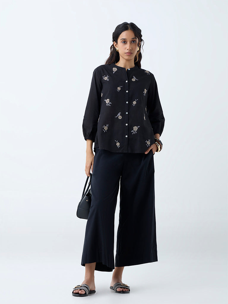 Utsa Black Floral Embroidered Cotton Tunic