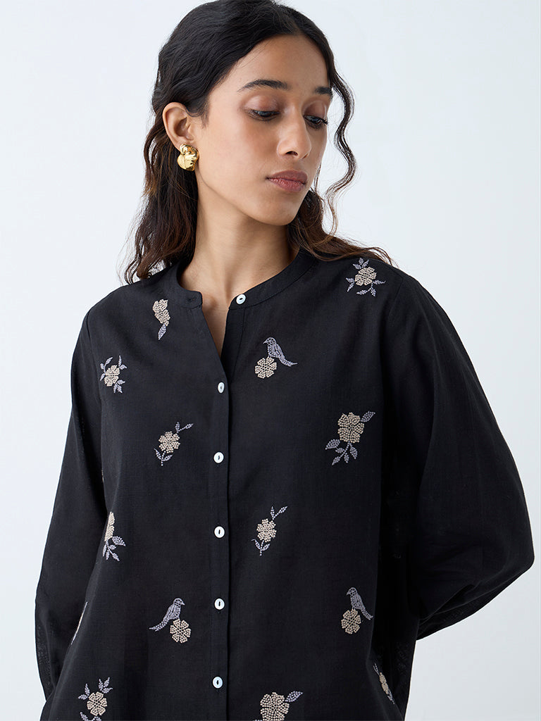 Utsa Black Floral Embroidered Cotton Tunic
