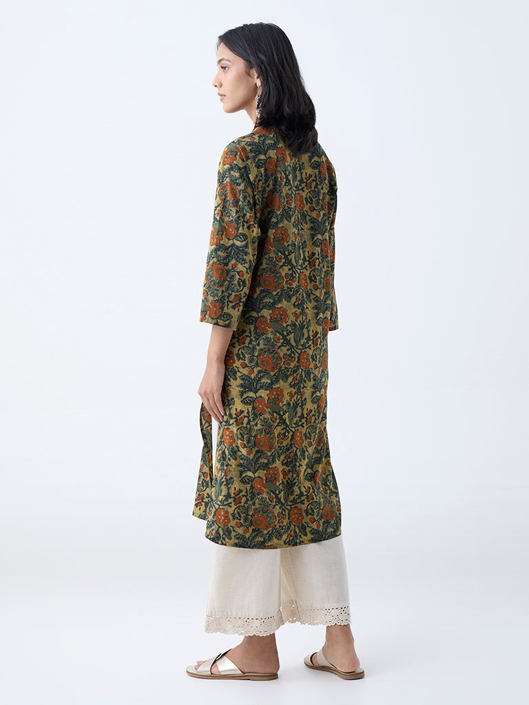 Westside Utsa Women's Olive Foliage Printed Straight Cotton Kurta for Everyday Back View