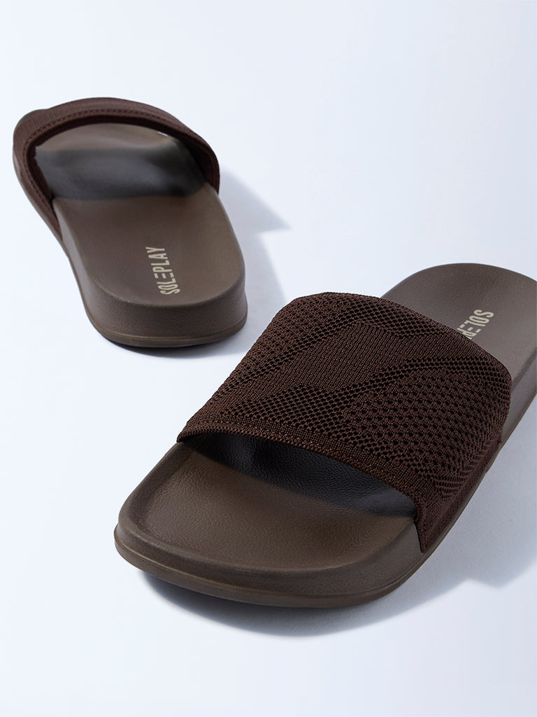 SOLEPLAY Dark Brown Knit-Textured Slides