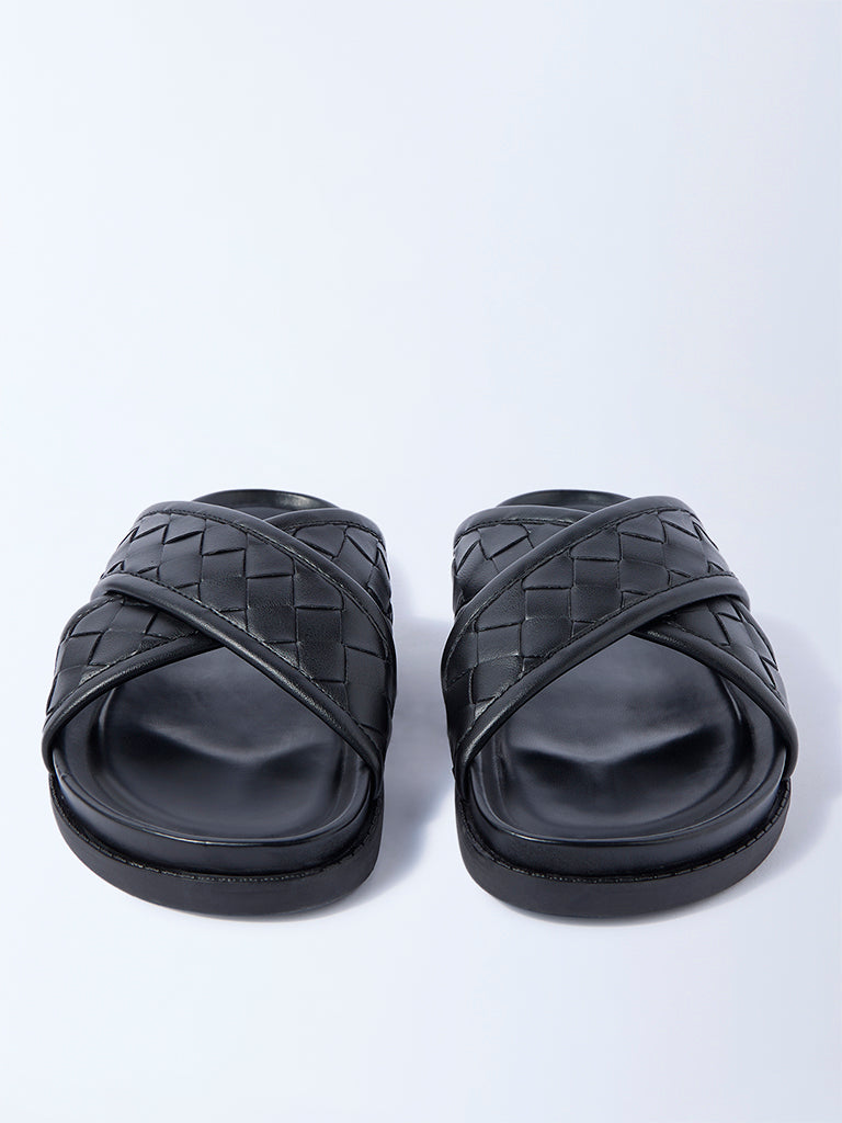 Westside SOLEPLAY Men's Black Criss-Cross Design Slip-On Sandals for Casual Wear Front view