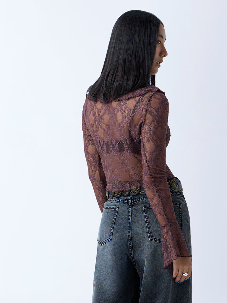 Westside Nuon Women's Dark Brown Lace Detailed Ruffled Top for Casual Wear Back View