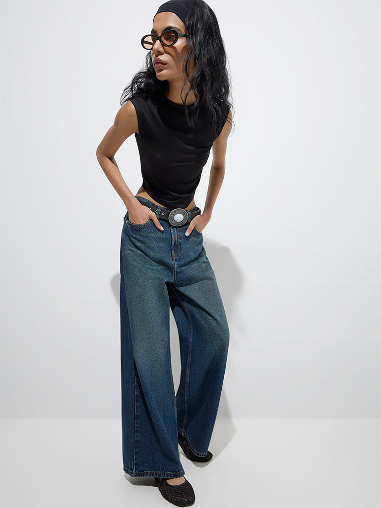 Westside Nuon Women's Blue Flared Relaxed-Fit Mid-Rise Jeans for Casual Wear Full View