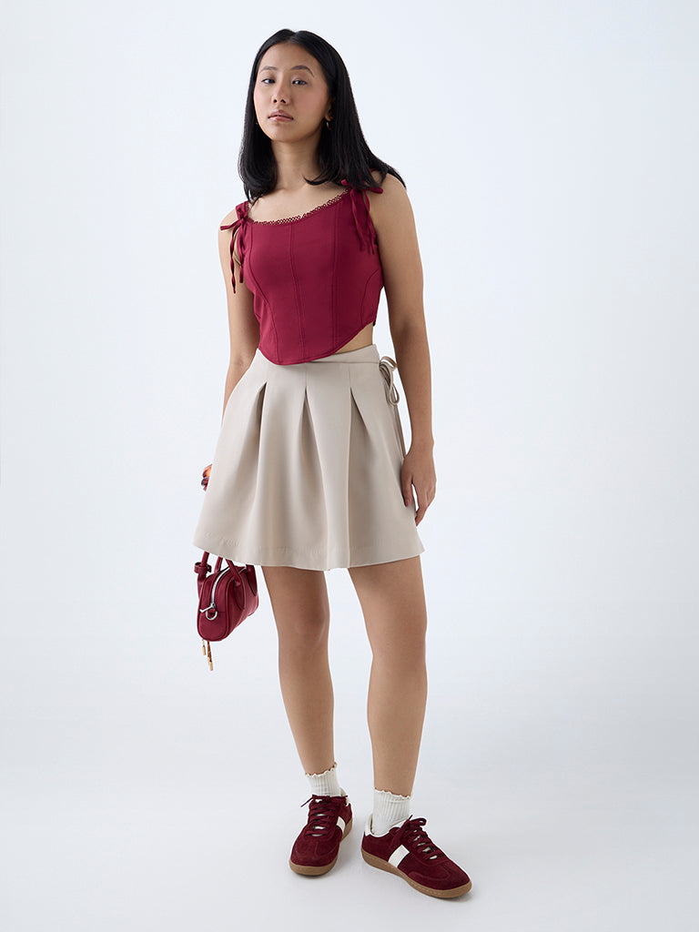 Westside Nuon Women's Beige Box Pleated High-Rise Skirt for Casual Wear Full View