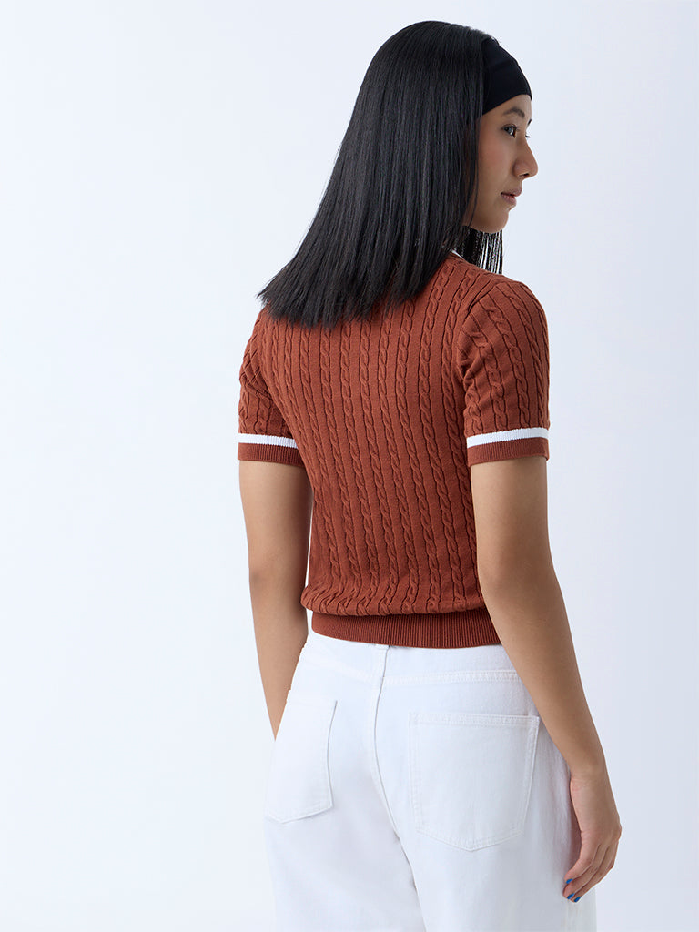 Westside Nuon Women's Brown Cable-Knit Cotton T-Shirt for Casual Wear Back View