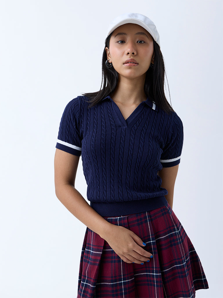 Westside Nuon Women's Navy Cable-Knit Cotton T-Shirt for Casual Wear Front View