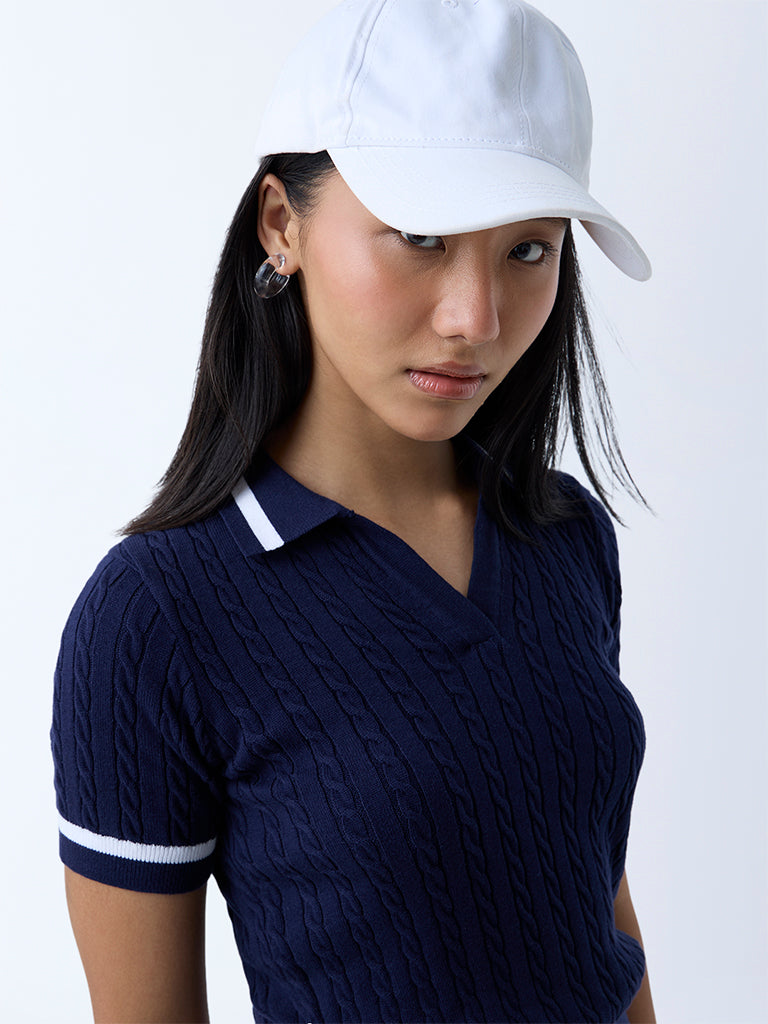 Westside Nuon Women's Navy Cable-Knit Cotton T-Shirt for Casual Wear Zoomed View
