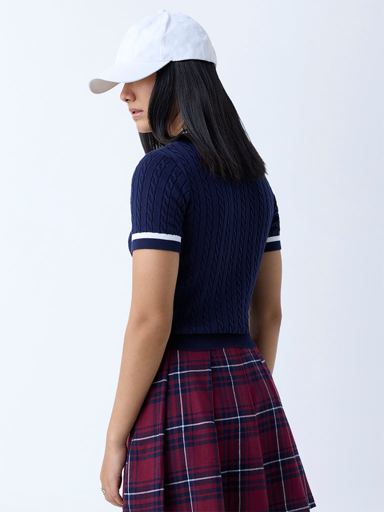 Westside Nuon Women's Navy Cable-Knit Cotton T-Shirt for Casual Wear Back View