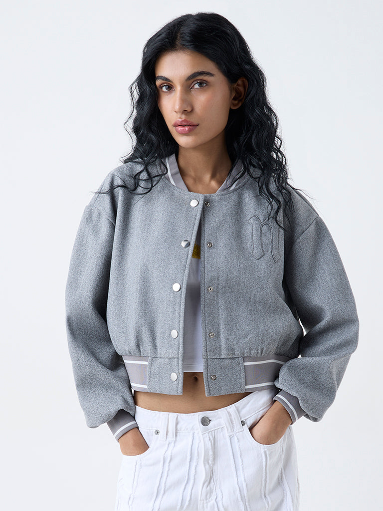 Nuon Grey Embroidered Varsity Jacket