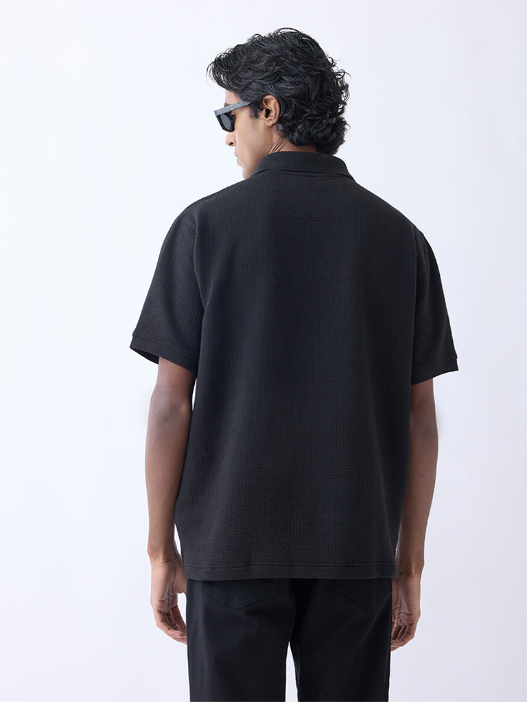 Westside WES Casuals Men's Black Relaxed-Fit Quarter-Zip Polo T-Shirt for Casual Wear Back View