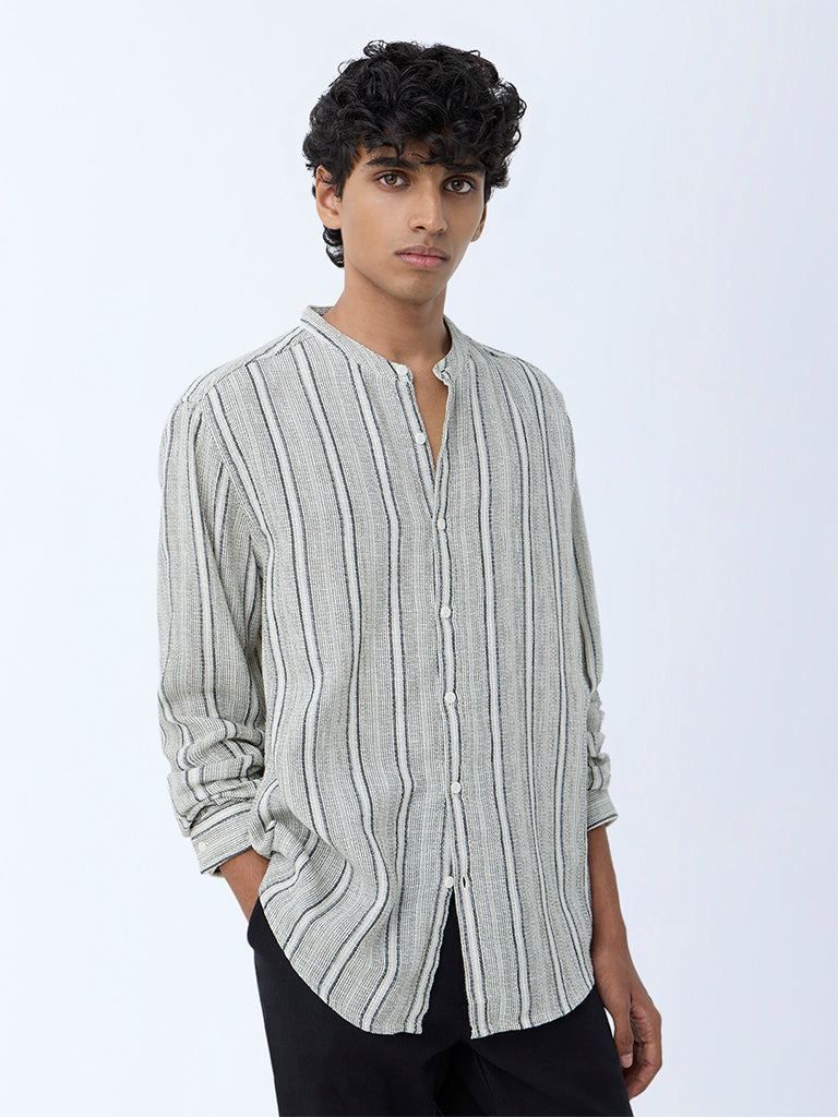 Westside ETA Men's Sage Striped Relaxed-Fit Cotton Shirt for Casual Wear Front View