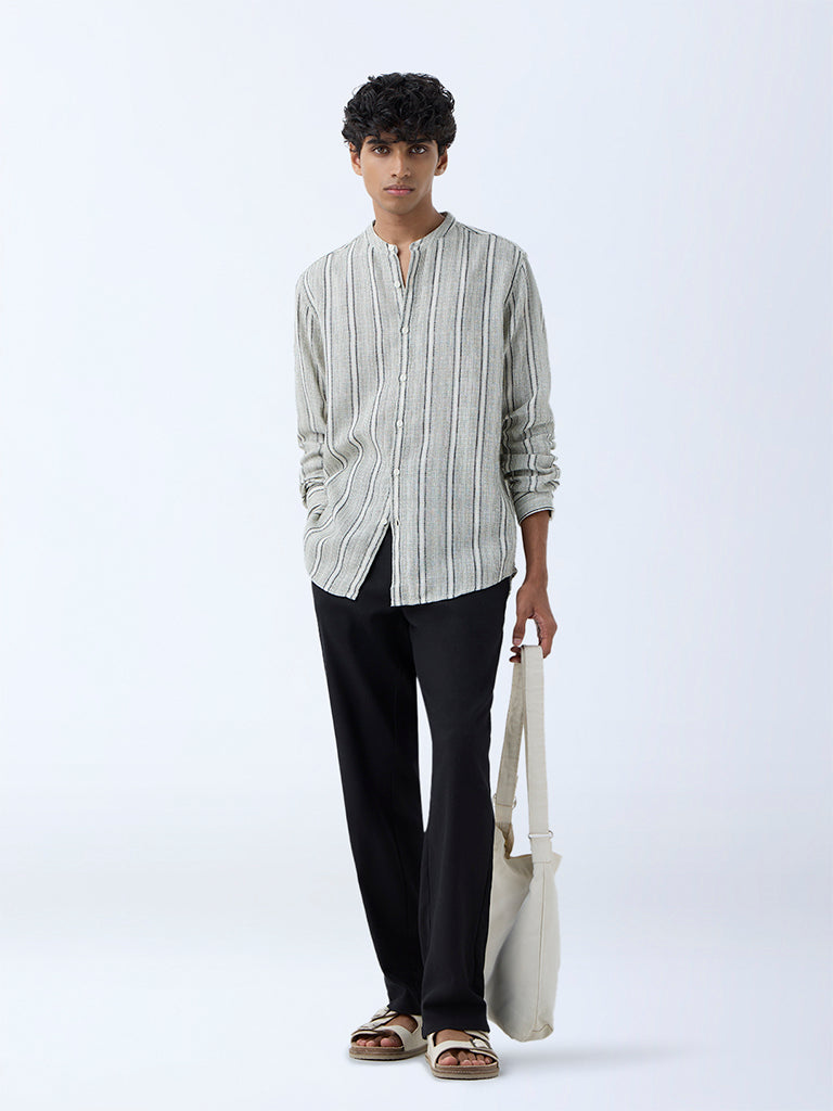 Westside ETA Men's Sage Striped Relaxed-Fit Cotton Shirt for Casual Wear Full View