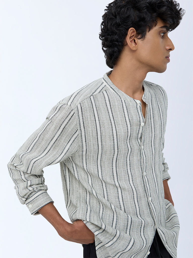Westside ETA Men's Sage Striped Relaxed-Fit Cotton Shirt for Casual Wear Zoomed View