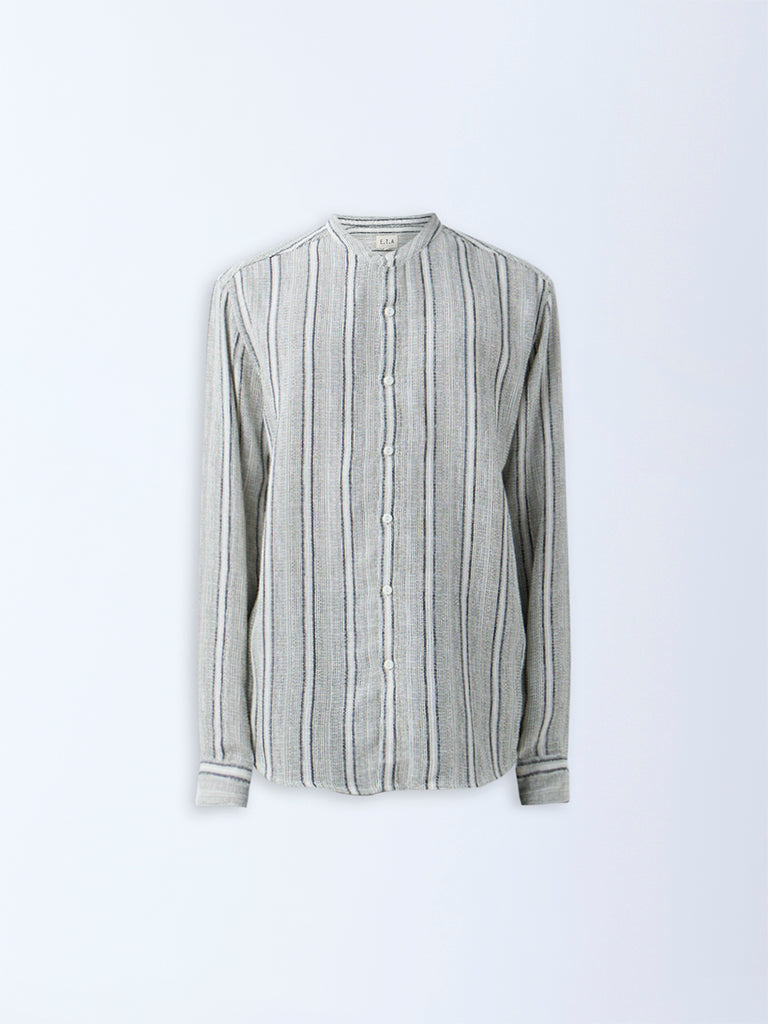 Westside ETA Men's Sage Striped Relaxed-Fit Cotton Shirt for Casual Wear Flatly