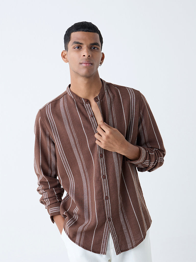 Westside ETA Men's Brown Striped Relaxed-Fit Cotton Shirt for Casual Wear Front View