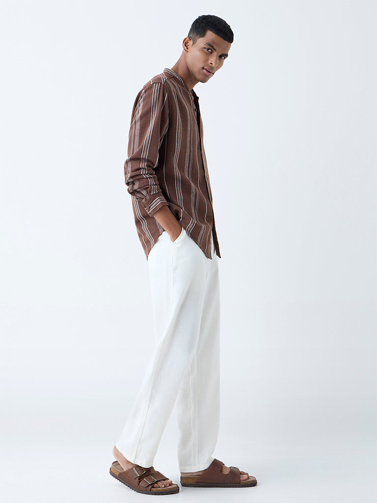 Westside ETA Men's Brown Striped Relaxed-Fit Cotton Shirt for Casual Wear Full View