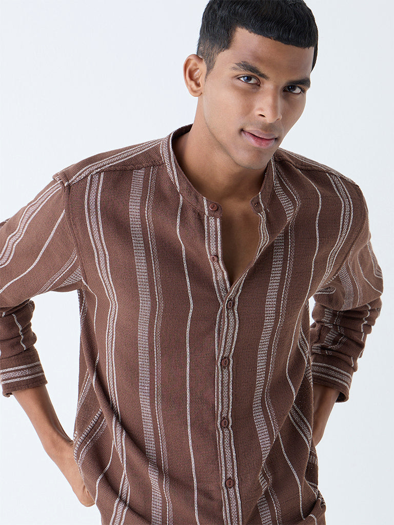 Westside ETA Men's Brown Striped Relaxed-Fit Cotton Shirt for Casual Wear Zoomed View