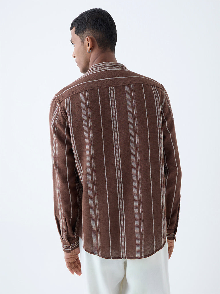 Westside ETA Men's Brown Striped Relaxed-Fit Cotton Shirt for Casual Wear Back View