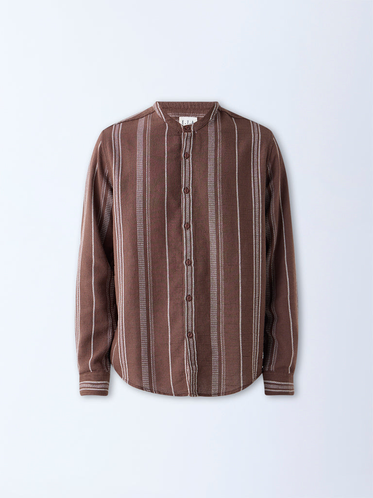 Westside ETA Men's Brown Striped Relaxed-Fit Cotton Shirt for Casual Wear Flatly