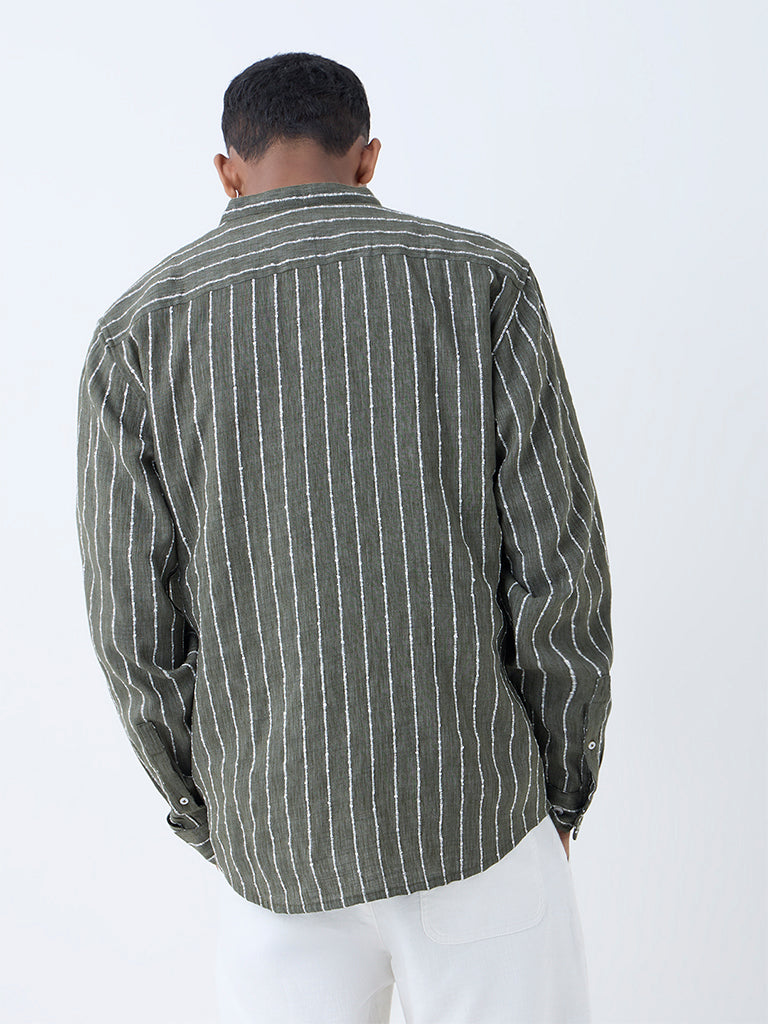 Westside ETA Men's Olive Striped Relaxed-Fit Shirt for Casual Wear Back View