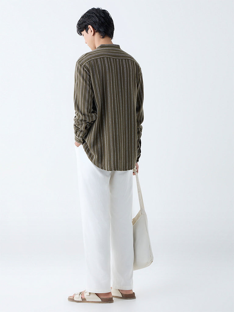 ETA Olive Striped Relaxed-Fit Cotton Shirt