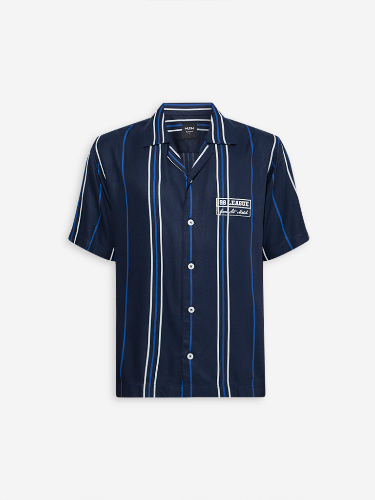 Westside Nuon Men's Navy Striped Relaxed-Fit Shirt for Casual Wear Flatly