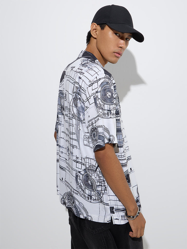 Westside Nuon Men's White Printed Relaxed-Fit Shirt for Casual Wear Back View