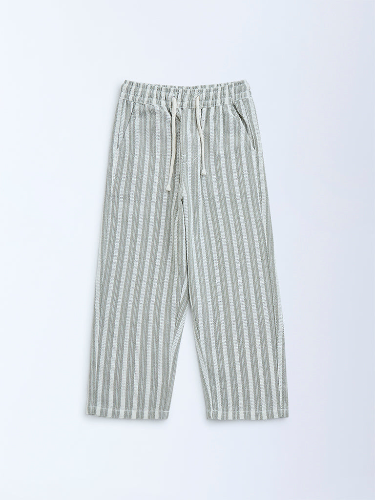 HOP Olive Striped Mid-Rise Cotton Trousers