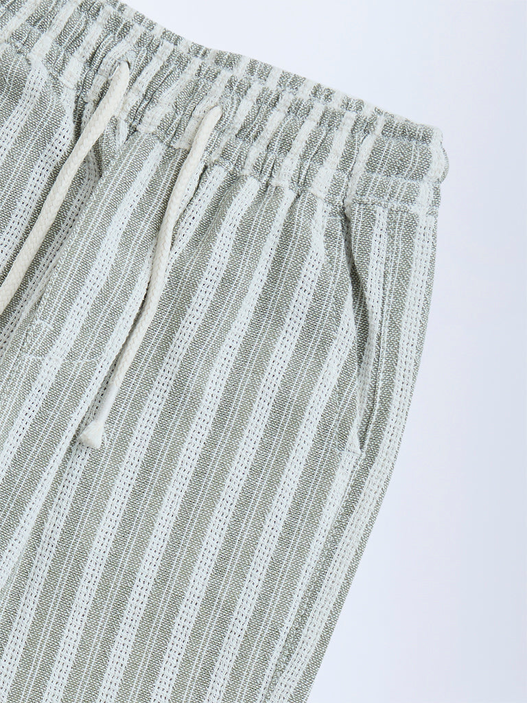 HOP Olive Striped Mid-Rise Cotton Trousers