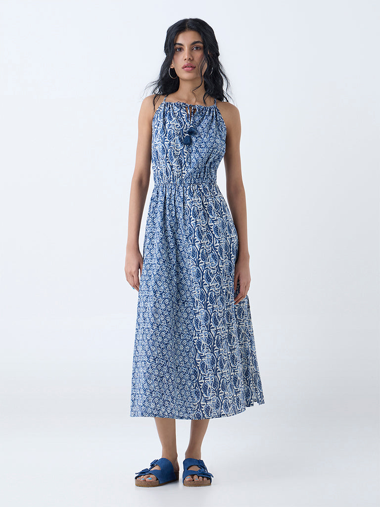 Westside Bombay Paisley Women's Dark Blue Printed Cotton A-Line Dress for Everyday Full View