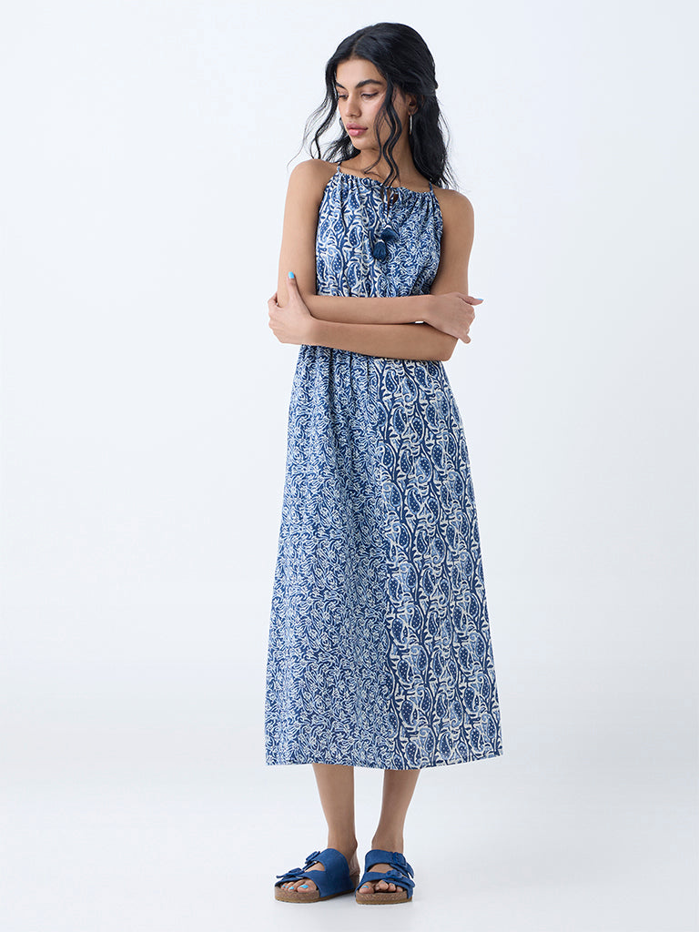 Westside Bombay Paisley Women's Dark Blue Printed Cotton A-Line Dress for Everyday Front View