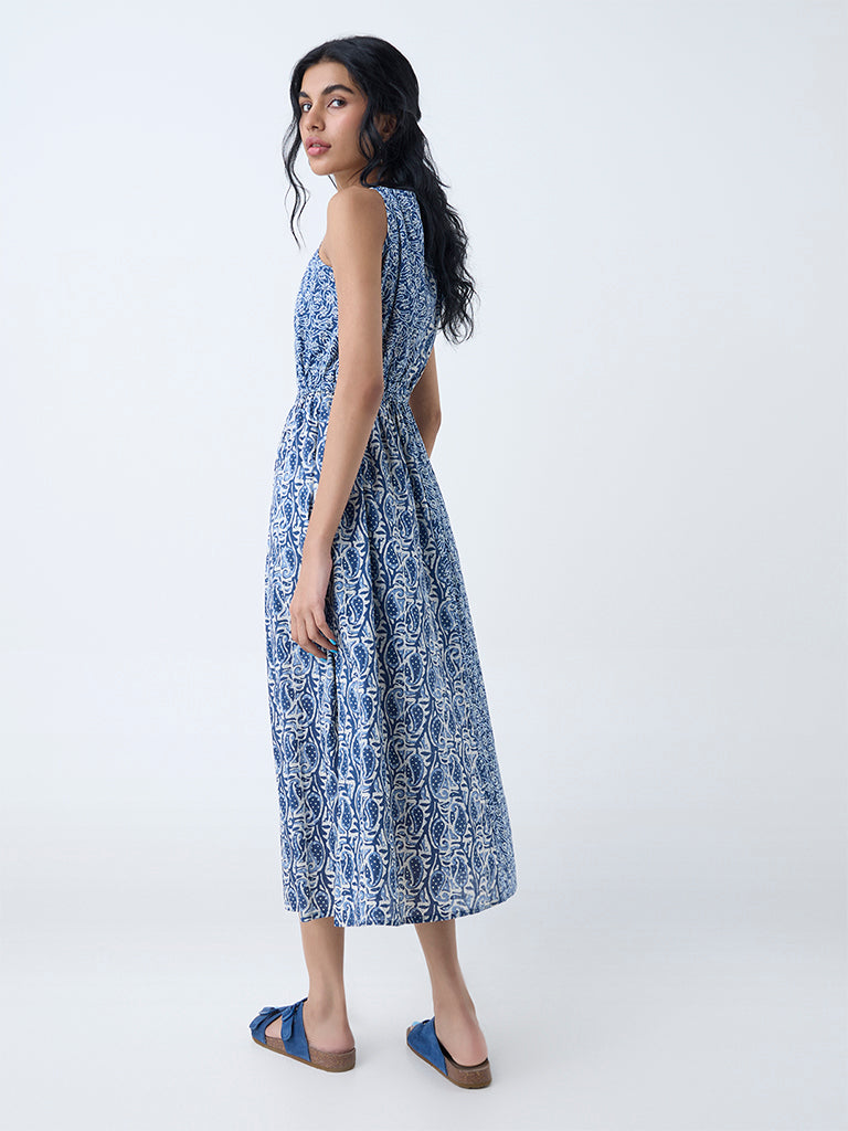 Westside Bombay Paisley Women's Dark Blue Printed Cotton A-Line Dress for Everyday Back View