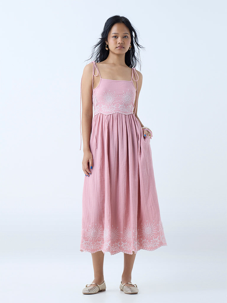 Westside Bombay Paisley Women's Pink Embroidered Cotton A-Line Dress for Everyday Front View