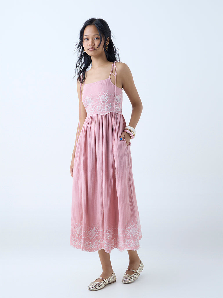Westside Bombay Paisley Women's Pink Embroidered Cotton A-Line Dress for Everyday Full View