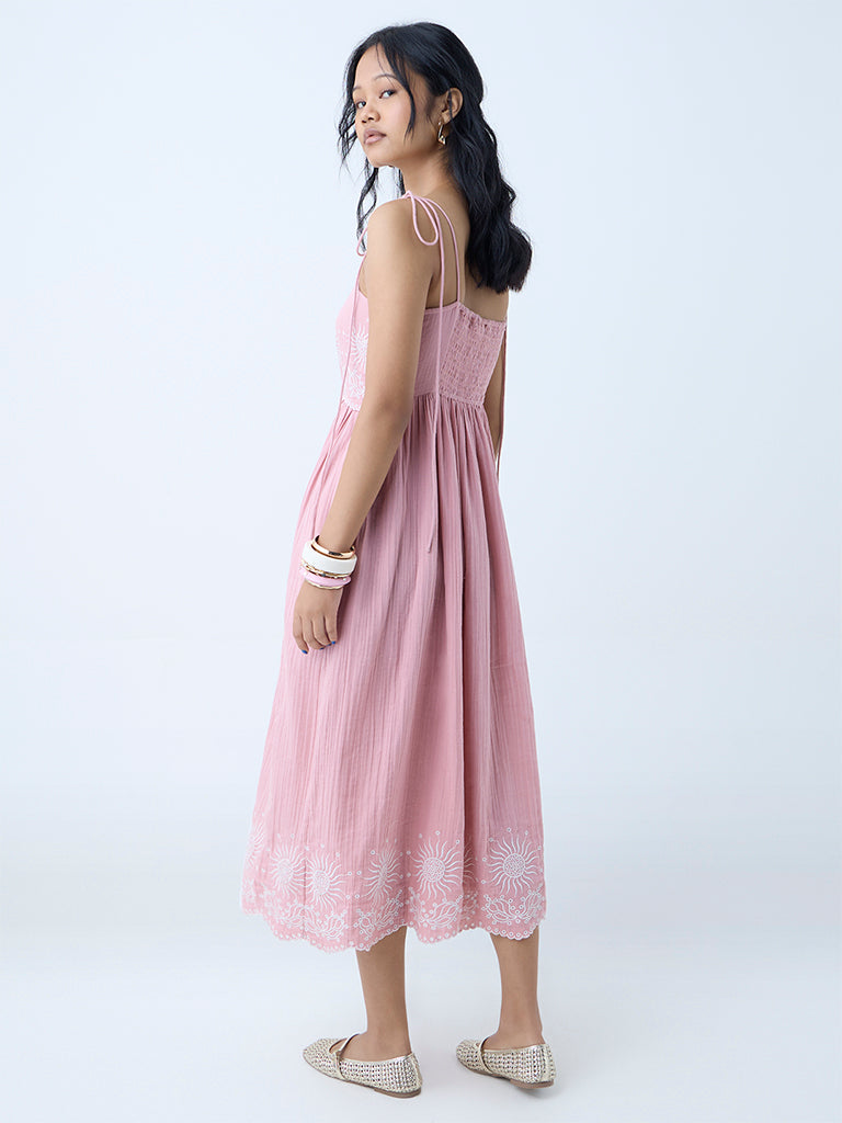 Westside Bombay Paisley Women's Pink Embroidered Cotton A-Line Dress for Everyday Back View